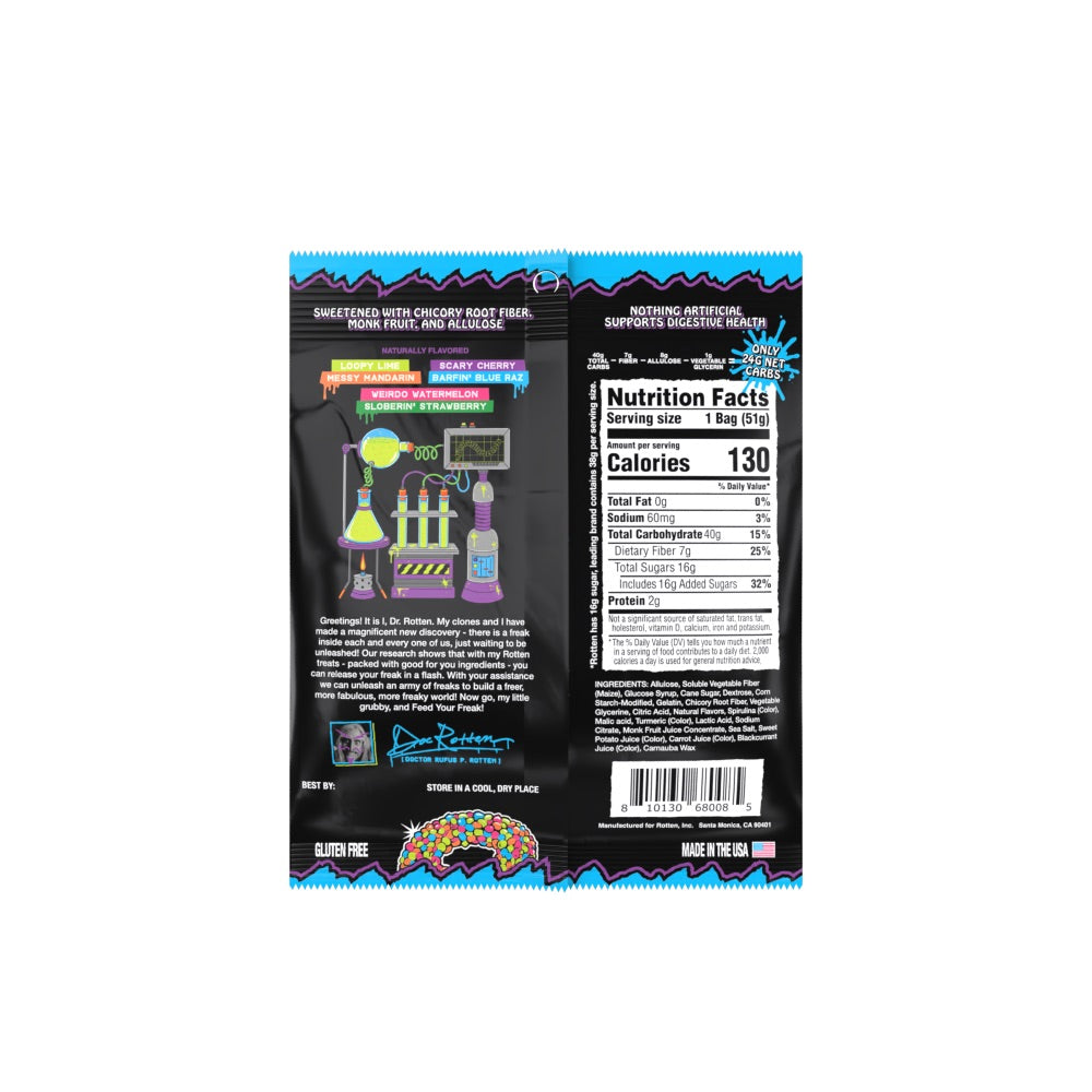 Back view of a snack package with colorful graphics and nutrition facts on a white background