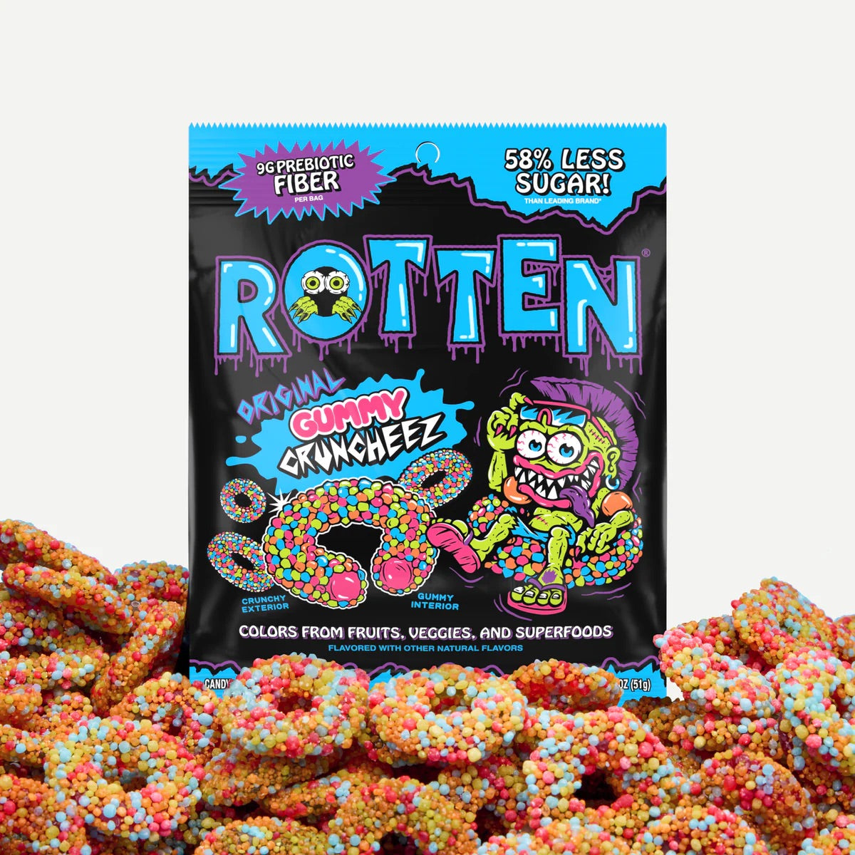 Packaging of Rotten Gummy Crunchez with colorful gummy candies in front