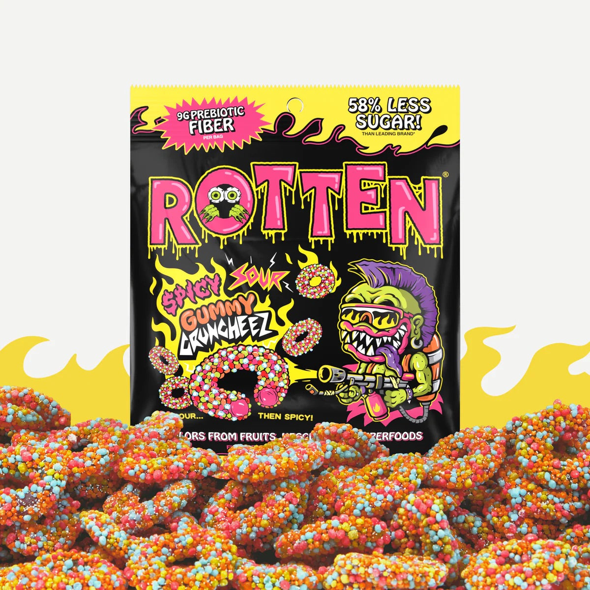 Packaging of 'Rotten' gummy snacks with colorful gummies in front