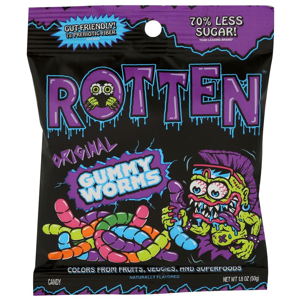 Packaging of Rotten Original Gummy Worms with colorful gummy worms and a monster graphic on a black background.