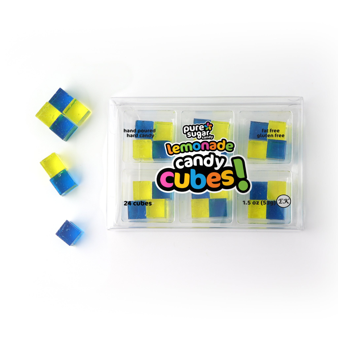 Clear plastic box labeled “Pure Sugar Lemonade Candy Cubes” containing yellow and blue two‑tone candy cubes, with a few loose cubes arranged beside the box on a white background.