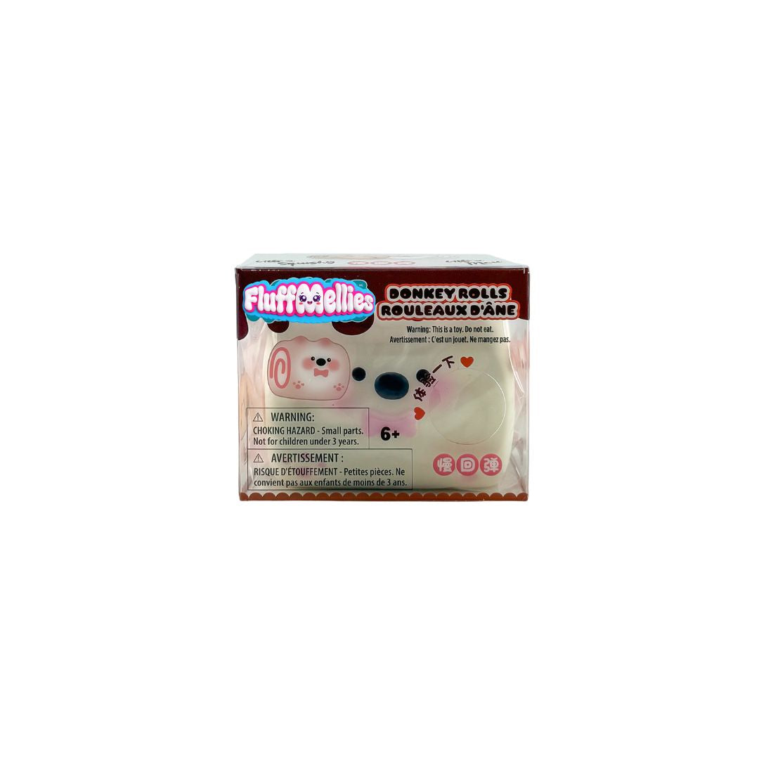 Boxed Fluffmellies Donkey Rolls squishy toy with white character design and clear packaging.