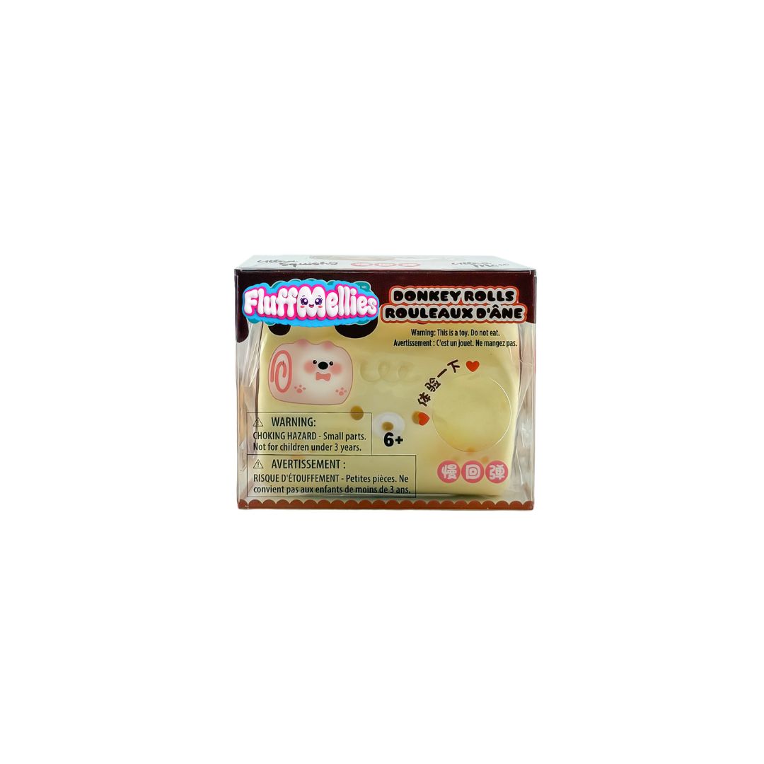 Boxed Fluffmellies Donkey Rolls squishy toy with yellow character design and clear packaging.