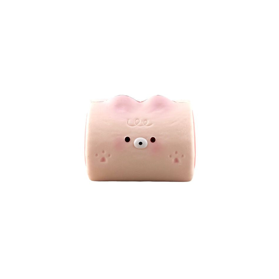 Pink Donkey Rolls squishy toy shaped like a rolled character with a simple face on a white background.