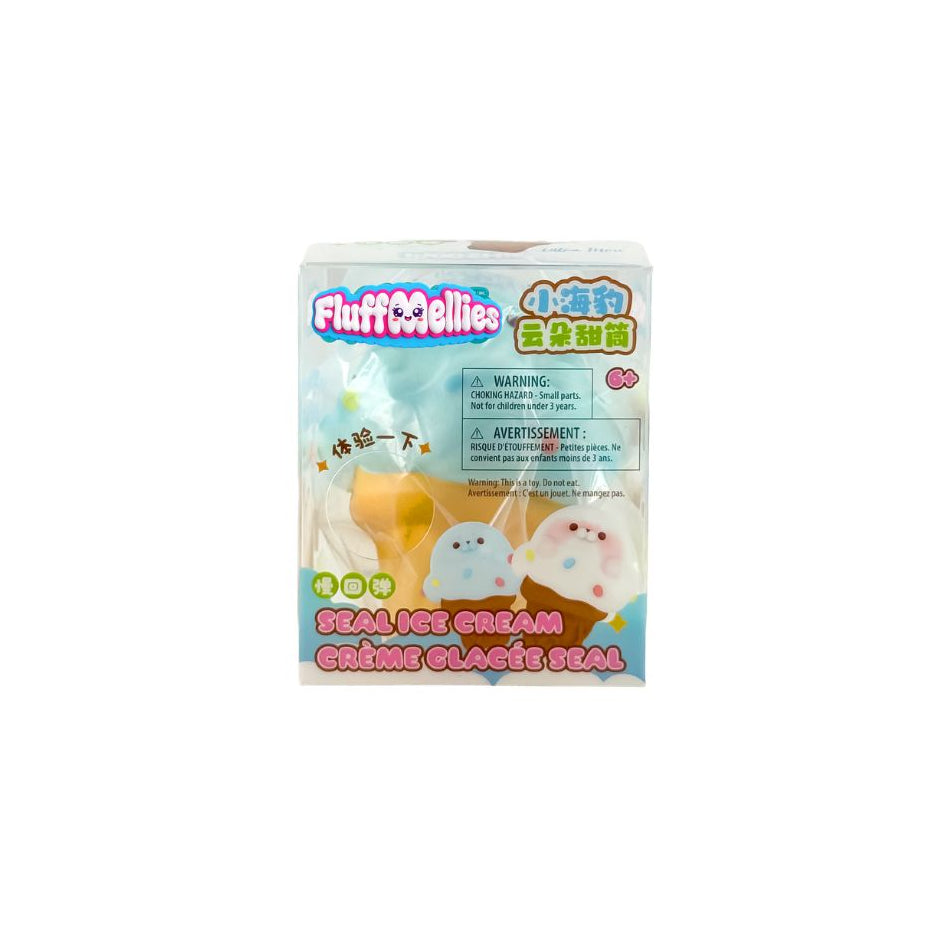 Boxed Fluffiemellies Seal Ice Cream squishy toy set with blue seal characters in clear packaging.