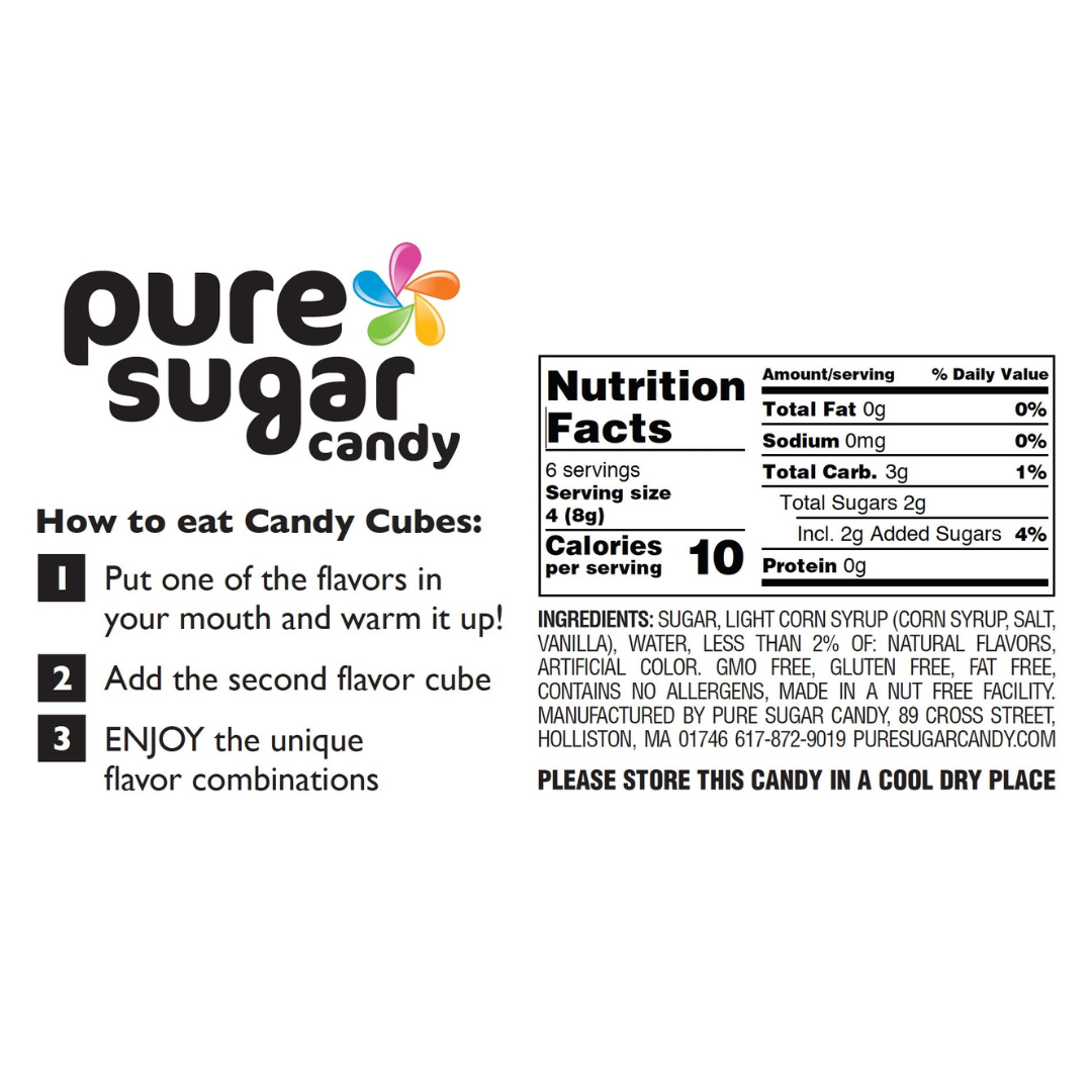 Instructions and Nutrition Facts panel for Pure Sugar candy, including how to eat Candy Cubes, serving size, calories, ingredients, and storage information.