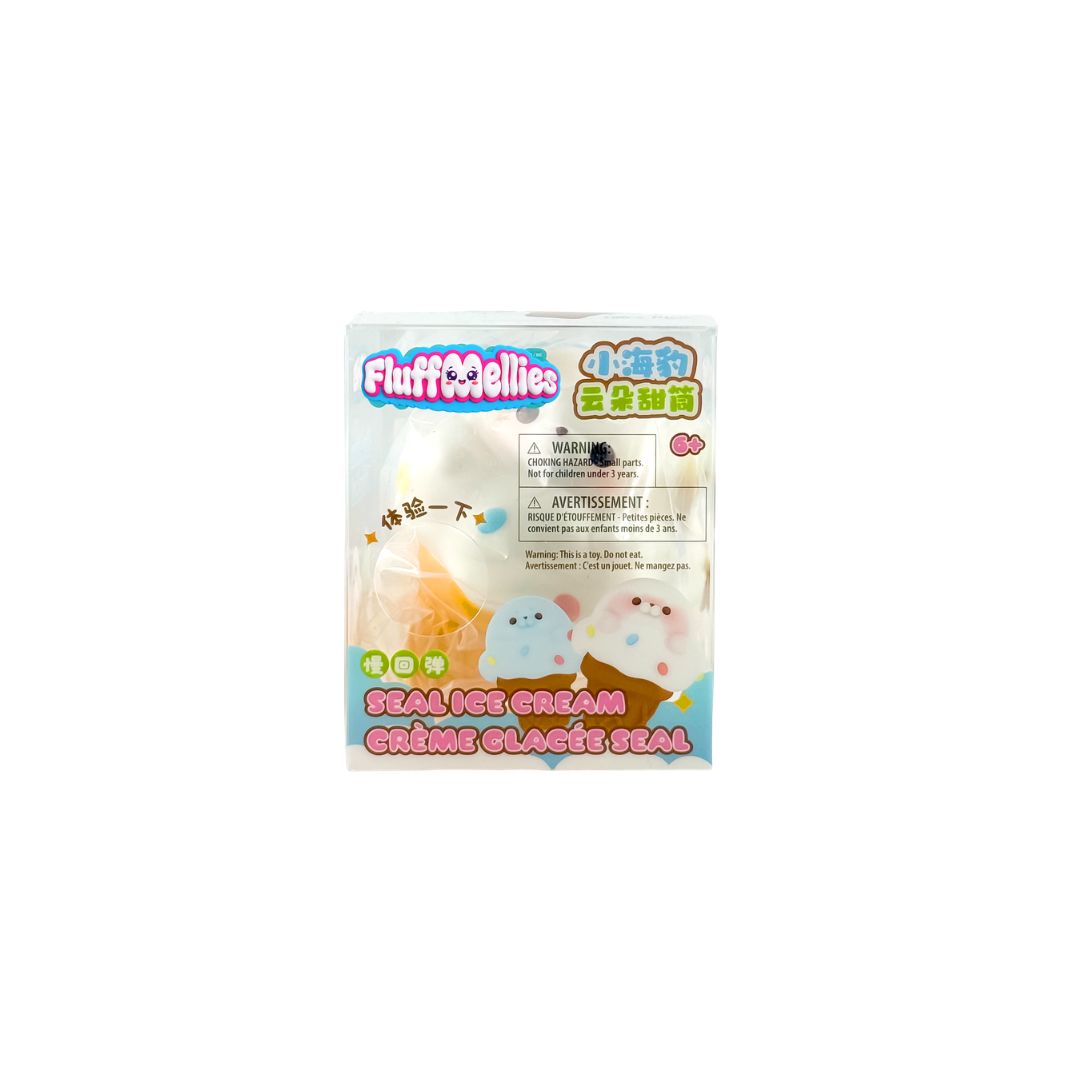 Boxed Fluffiemellies Seal Ice Cream squishy toy set with white seal characters in clear packaging.