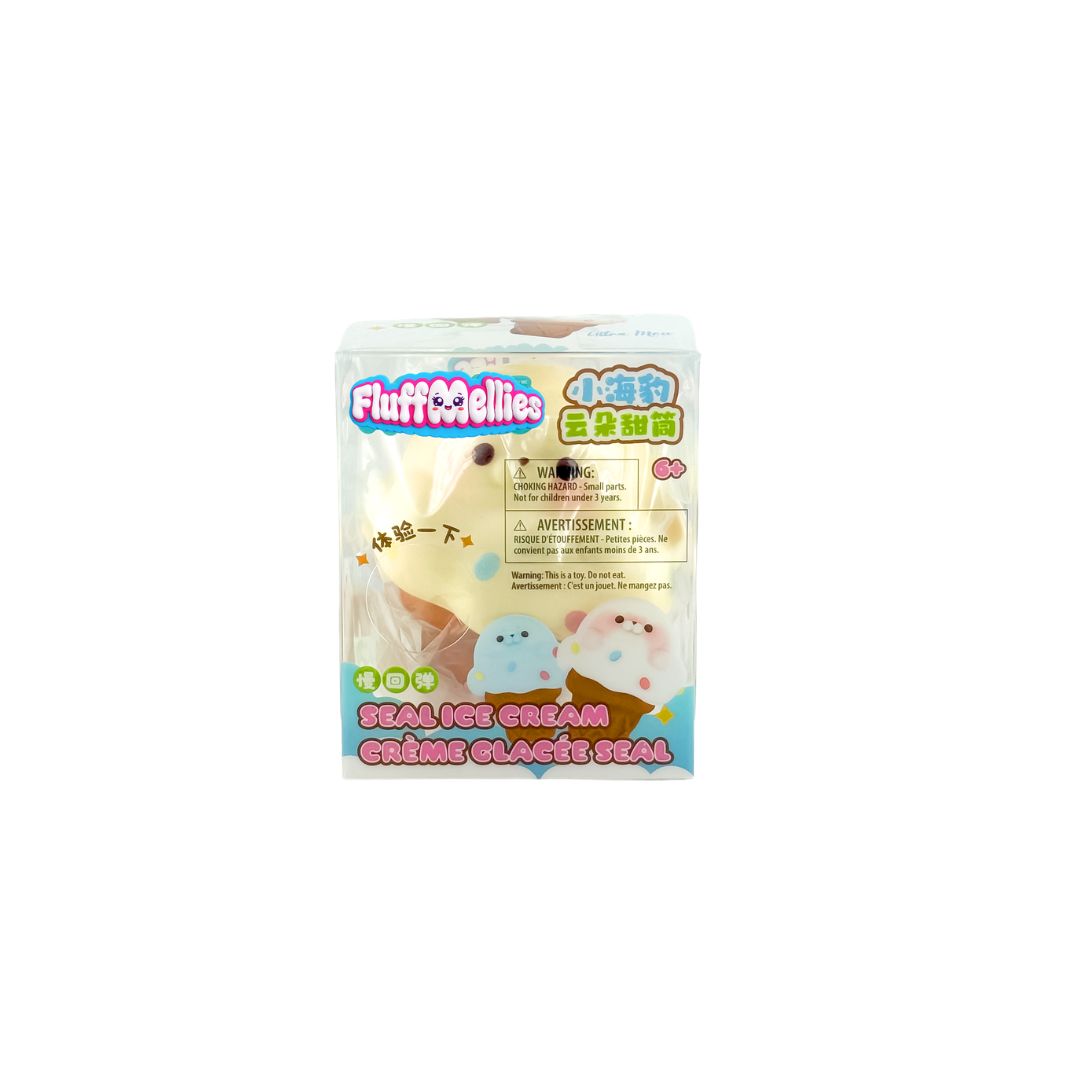 Boxed Fluffiemellies Seal Ice Cream squishy toy set with yellow seal characters in clear packaging.