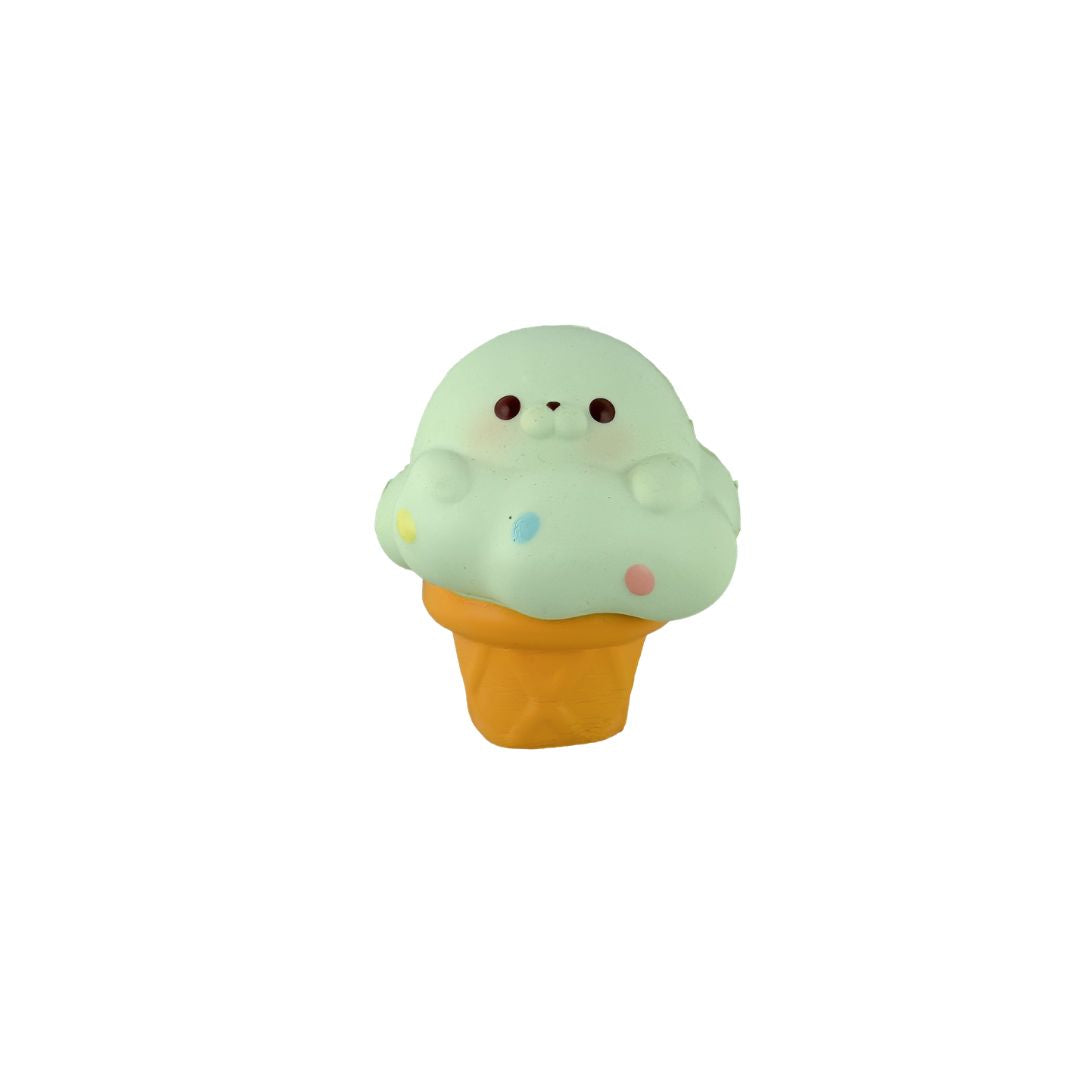 Green seal ice cream cone–shaped squishy toy with a cartoon face on a white background.