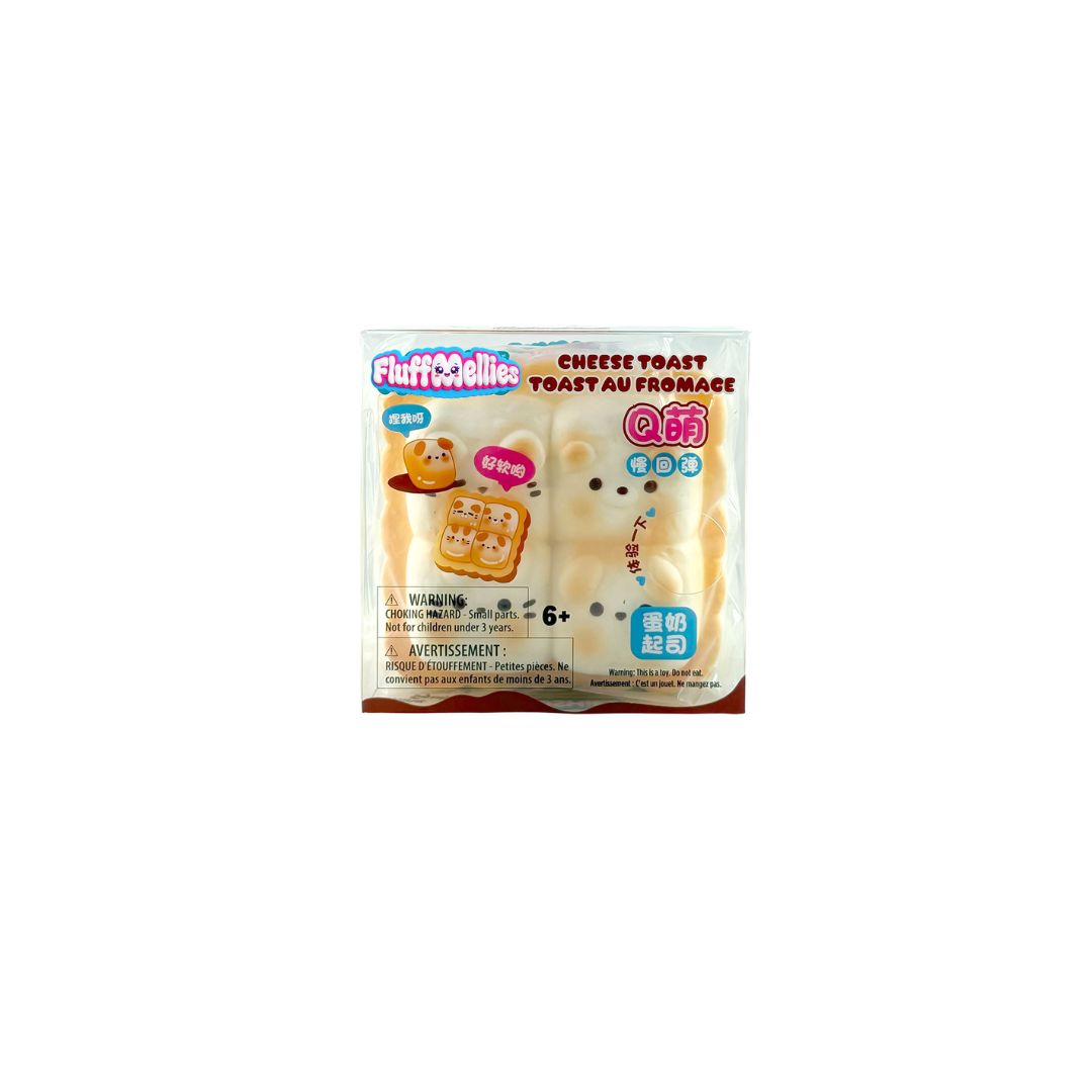 Boxed Fluffiemellies Cheese Toast brown squishy toy with bunny-shaped design in clear packaging.