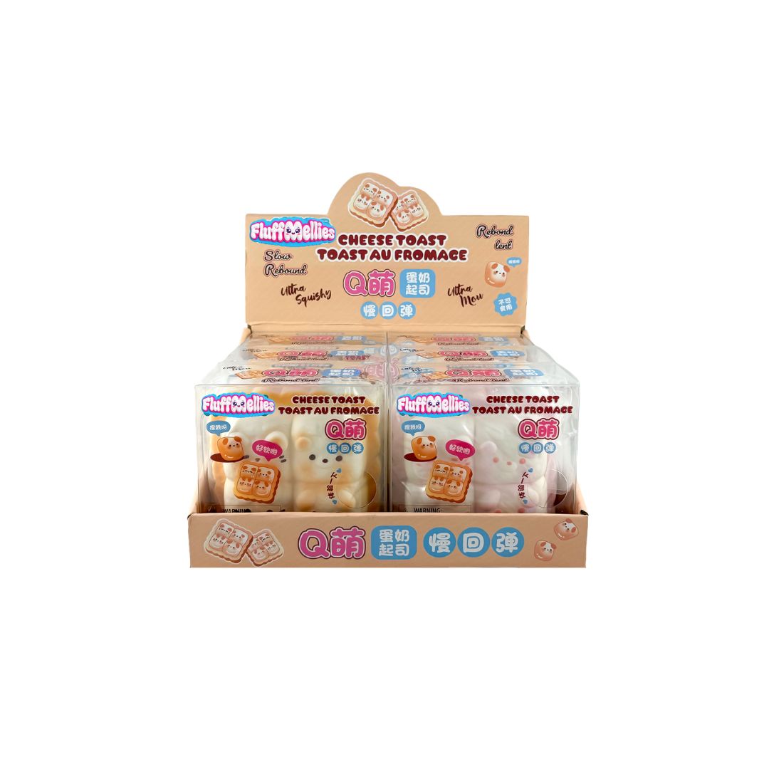 Counter display tray with multiple boxed Fluffiemellies Cheese Toast squishy toys in tan and brown packaging.