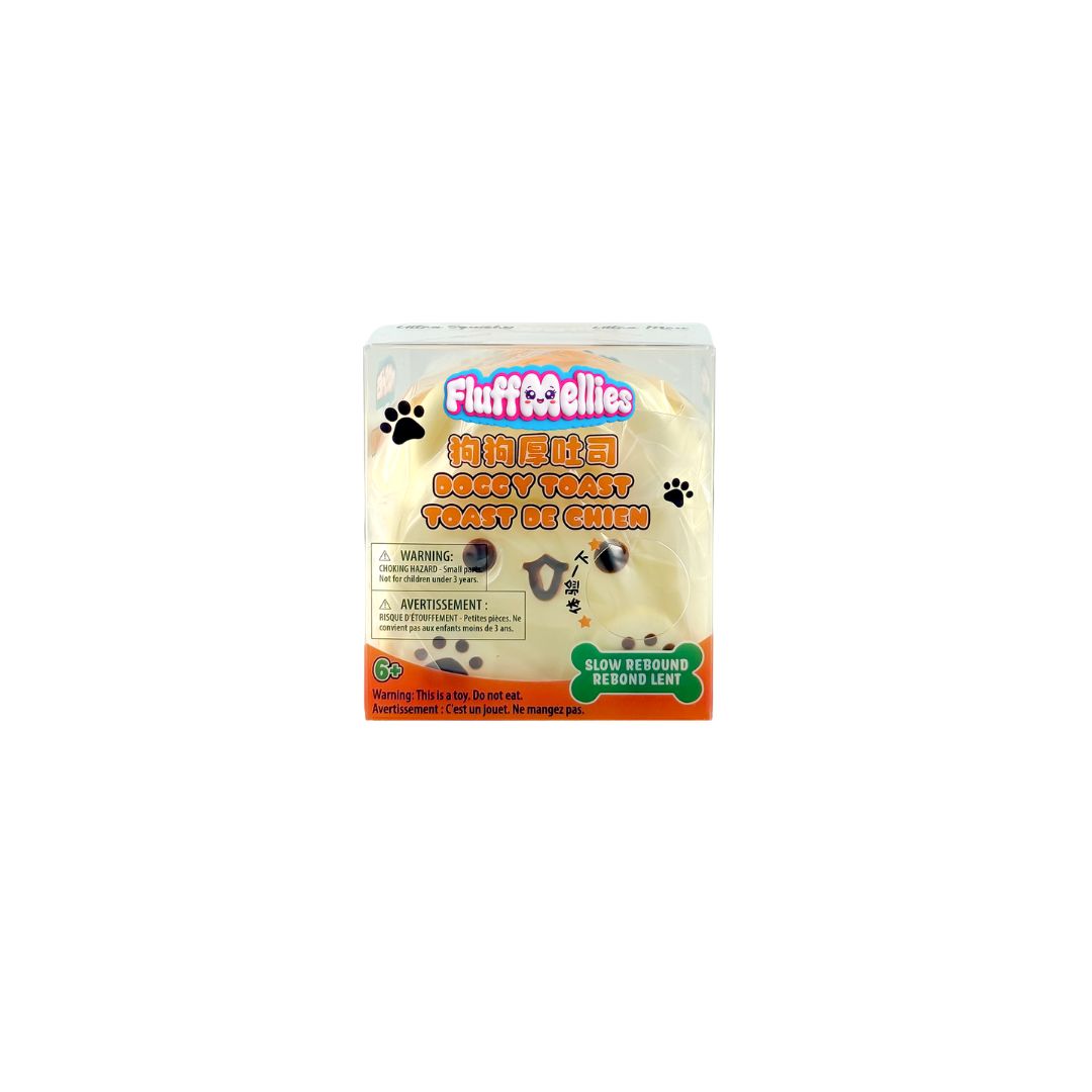 Boxed Fluffiemellies Doggy Toast squishy toy with dog‑shaped toast design in clear packaging.