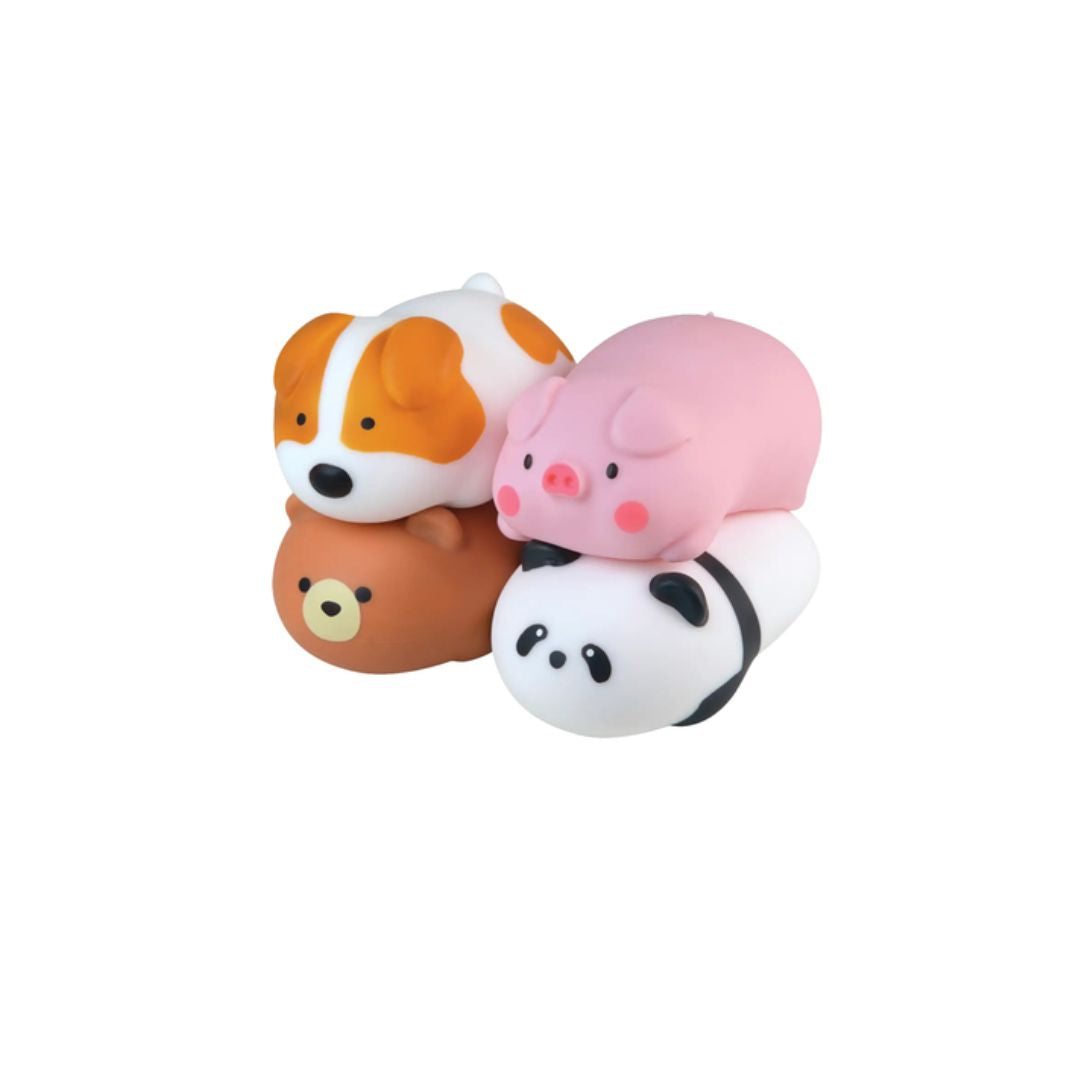Four small animal‑shaped squishy toys stacked together, including a dog, pig, bear, and panda, shown on a white background.