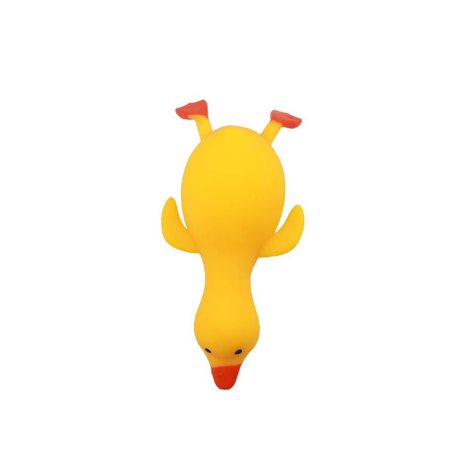 Large yellow duck‑shaped squishy toy shown upside down, with an orange beak, small wings, and orange feet extending upward, displayed on a white background.