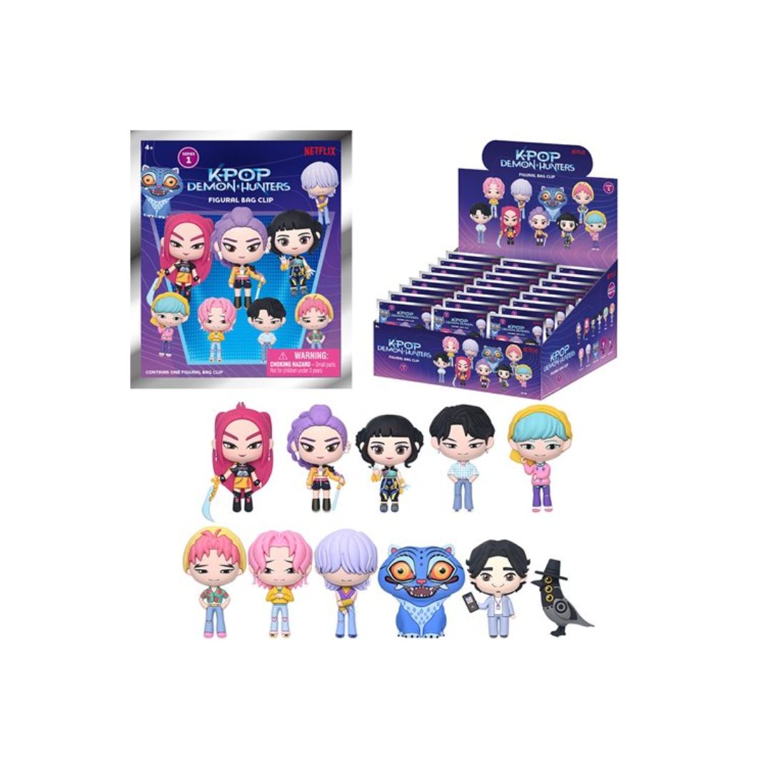 K‑Pop Demon Hunters blind‑box figurine display, showing the boxed packaging, a countertop display filled with blind boxes, and a lineup of small stylized character figurines arranged in two rows on a white background.