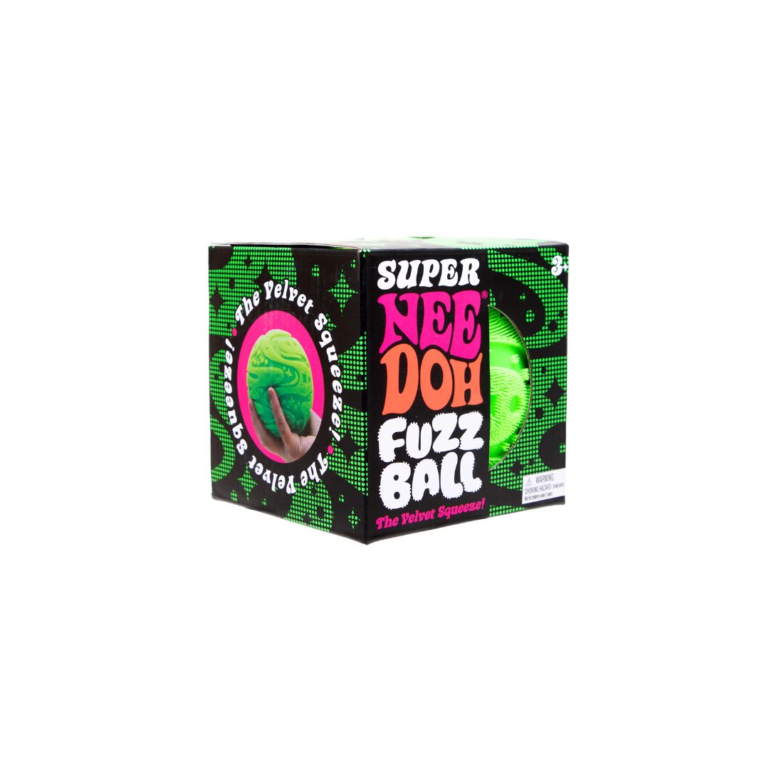 Front and side view of a boxed “Super NeeDoh Fuzz Ball” squishy toy, shown in green and black packaging with a circular window revealing a bright green fuzzy ball inside. The box features the text “Super NeeDoh Fuzz Ball” and “The Velvet Squeeze!” with an age rating of 3+.