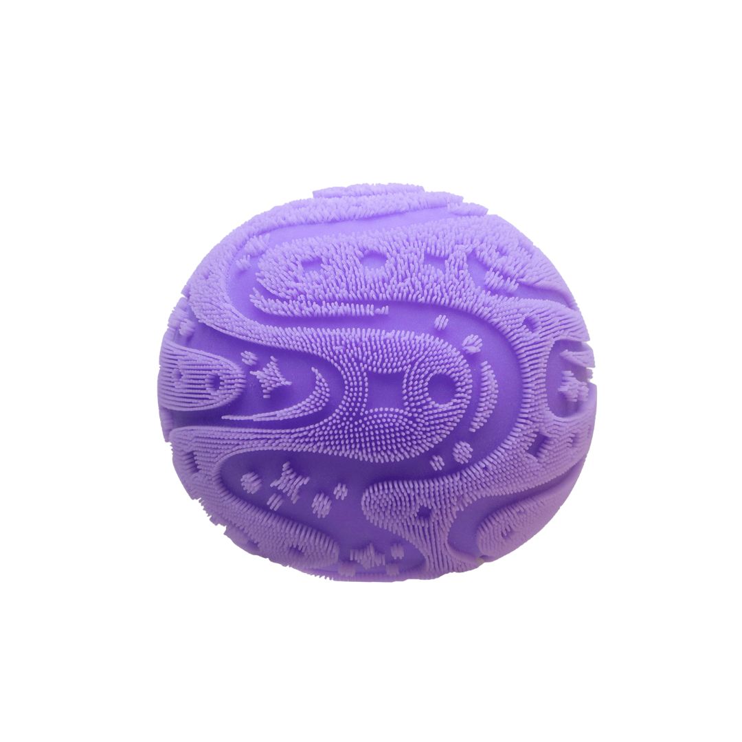 Single round purple squishy stress ball with a raised textured swirl pattern covering the surface, shown on a white background.