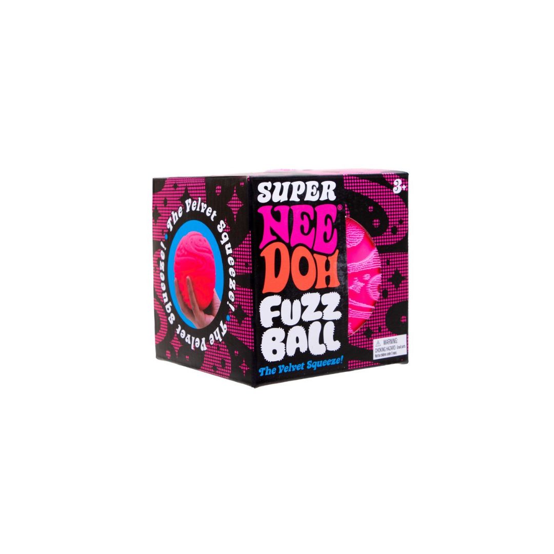 Front and side view of a boxed “Super NeeDoh Fuzz Ball” squishy toy in pink‑and‑black packaging, featuring a circular window that shows a bright pink textured ball inside. The box reads “Super NeeDoh Fuzz Ball,” “The Velvet Squeeze!” and shows an age rating of 3+.