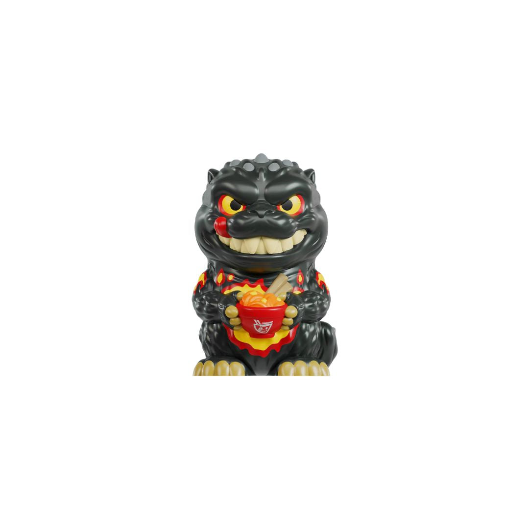 Black Godzilla‑style collectible figurine holding a red bowl, shown centered on a white background