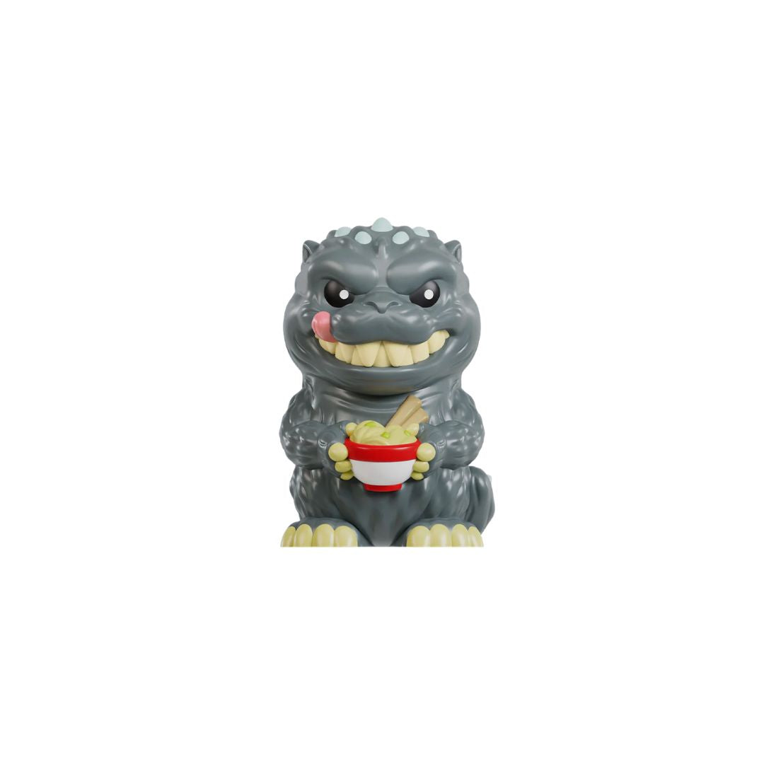 Gray Godzilla‑style collectible figurine holding a red bowl, centered on a white background