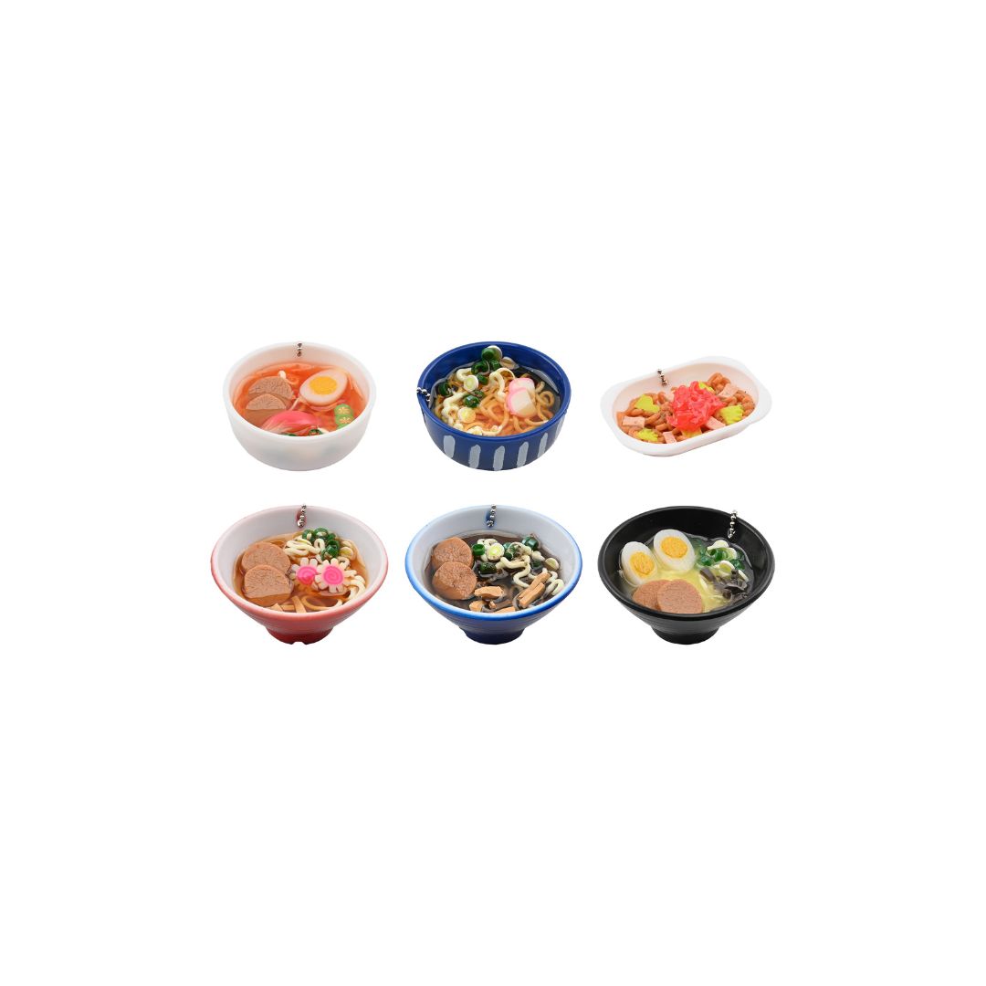 Six miniature noodle‑dish charms arranged in two rows, showing different bowls of noodle dishes on a white background