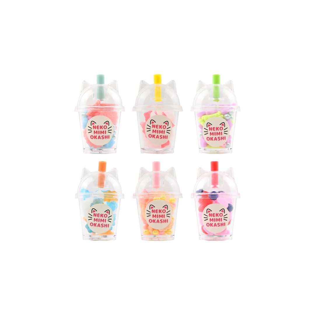 x clear plastic ‘Neko Mimi Okashi’ candy cups with cat‑ear lids and colorful candies, arranged in two rows on a white background