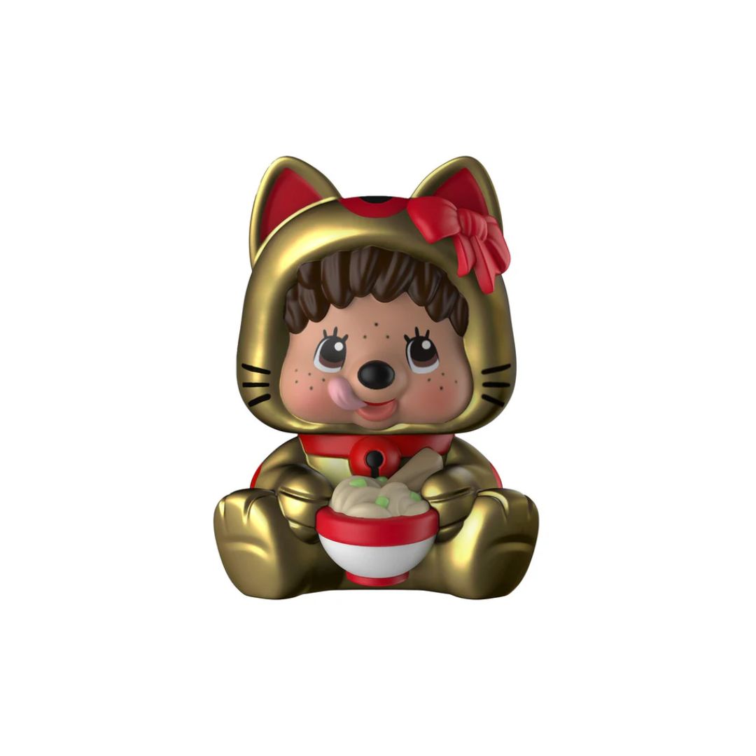 Figurine of a girl in a gold cat costume holding a bowl on a white background