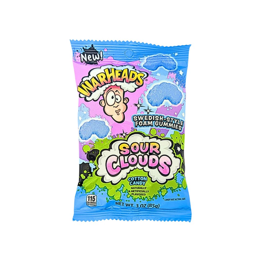 A colorful “Warheads Sour Clouds” candy bag featuring cartoon graphics, blue cloud-shaped gummies, and text indicating cotton candy flavor.