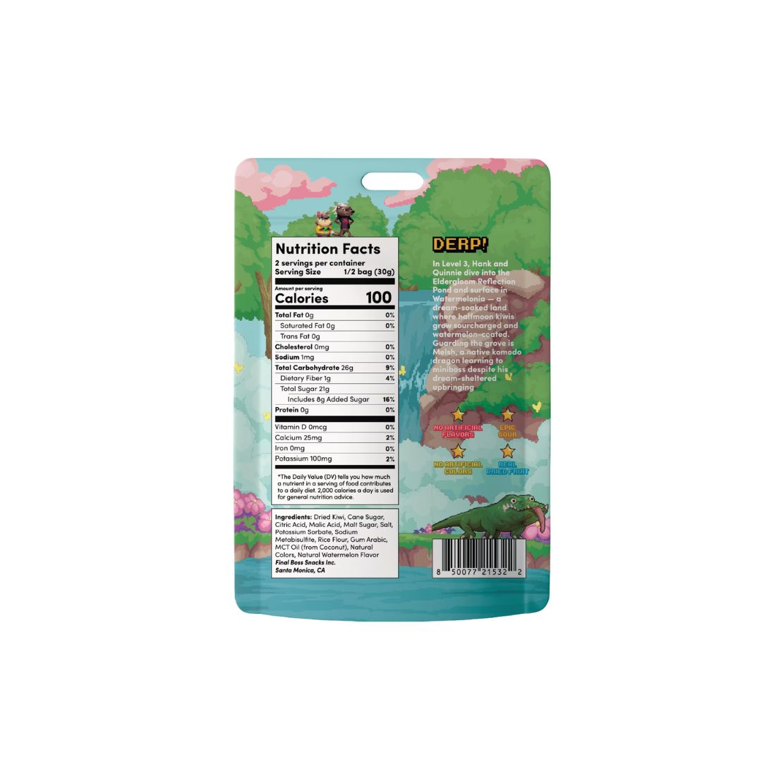 Back of a “Final Boss Sour” candy package showing a nutrition facts panel, ingredients list, and product claims like “no artificial flavors” and “real fruit.”