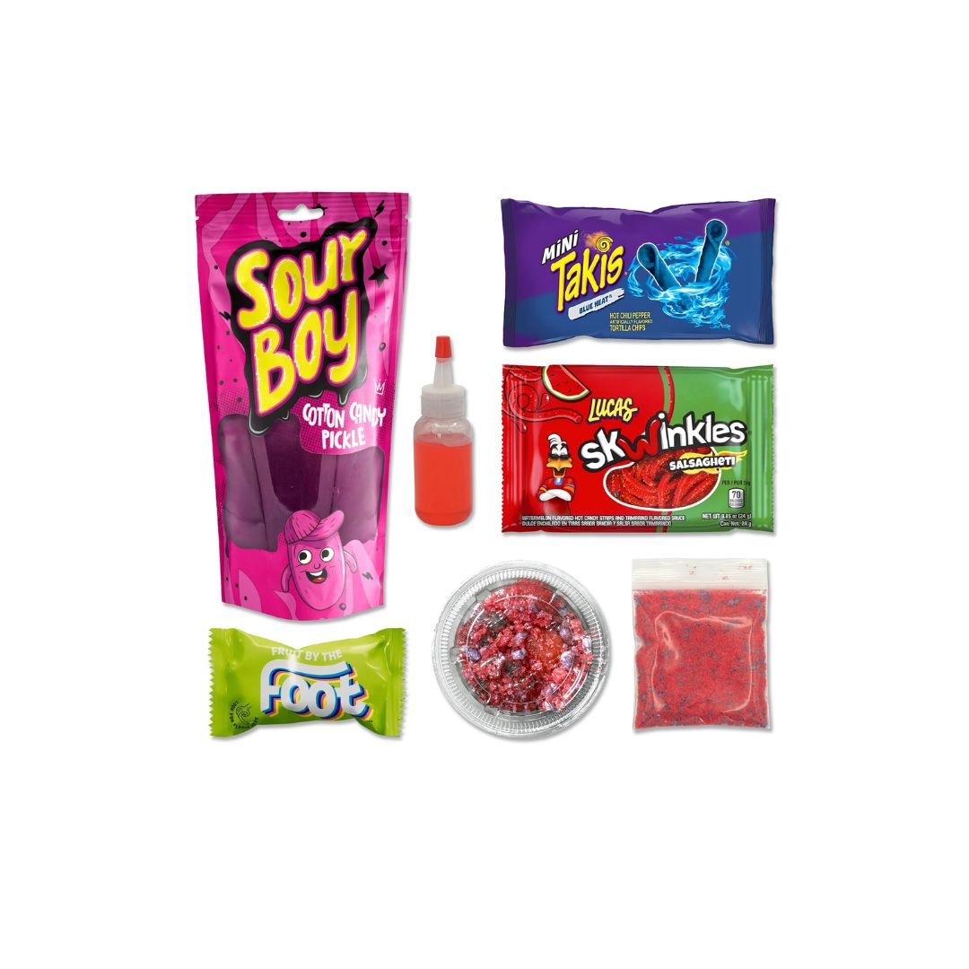 A “Sour Boy Cotton Candy Pickle” package displayed with included snacks and toppings, including Takis, fruit candy, gummy strips, red seasoning, and a small bottle of red liquid.