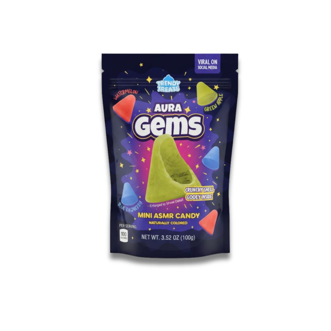 A dark blue “Aura Gems” candy bag featuring colorful triangular candies, labeled “Mini ASMR Candy” with flavors like watermelon, green apple, and blue raspberry.