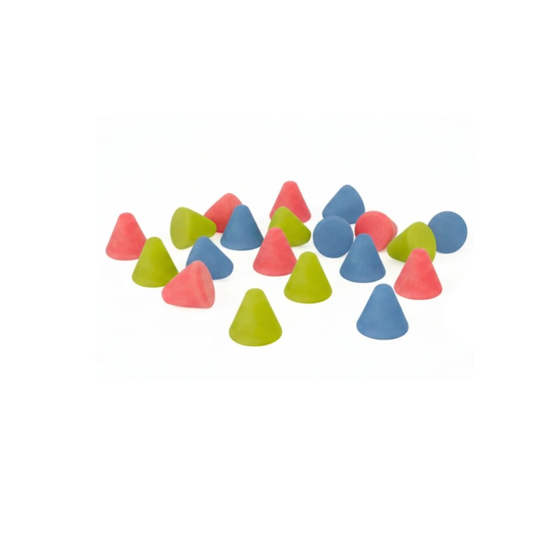 A group of small, cone-shaped candies in bright colors including pink, green, and blue, arranged on a white background.