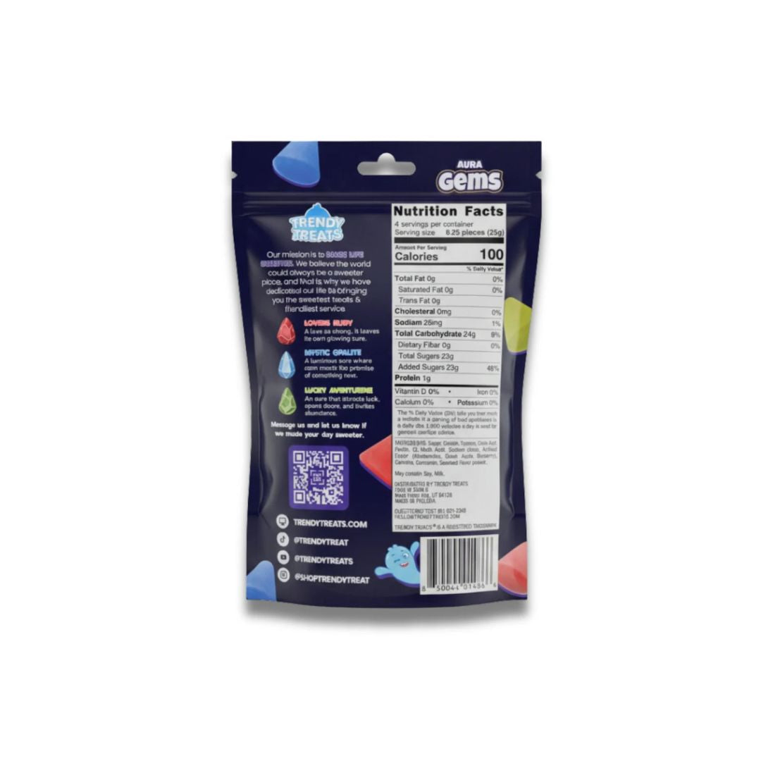 Back of an “Aura Gems” candy bag showing nutrition facts, ingredients, product information, and a barcode on a dark blue package.