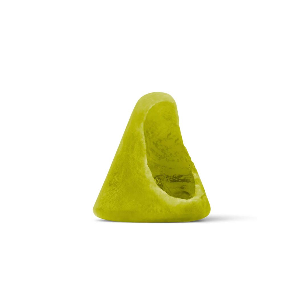 A single green, cone-shaped candy with a hollowed interior, showing a soft or gooey center on a white background.