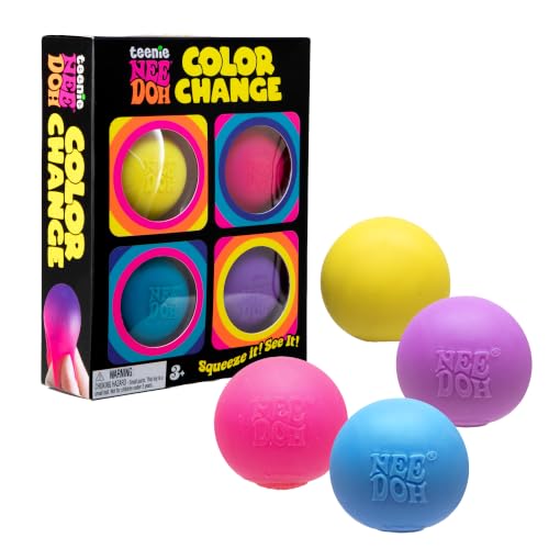 Nee Doh Color Change squishy toy set with a black retail box and four colorful balls in yellow, pink, blue, and purple on a white background.