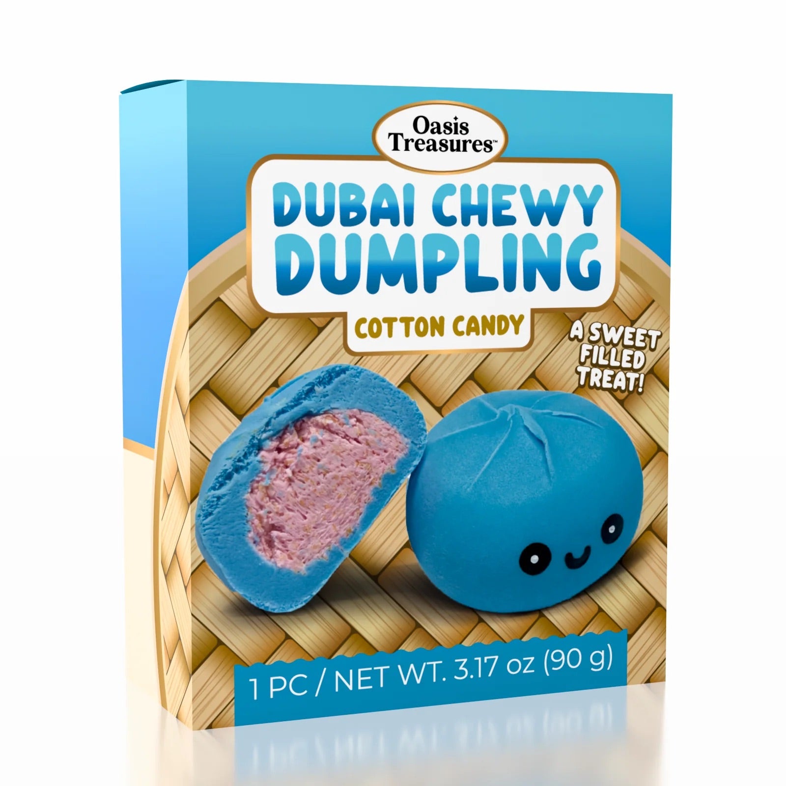 A box of Oasis Treasures Dubai Chewy Dumpling Cotton Candy, featuring a blue dumpling with a cute face and a cut-open dumpling showing pink cotton candy filling, set against a bamboo-style background.