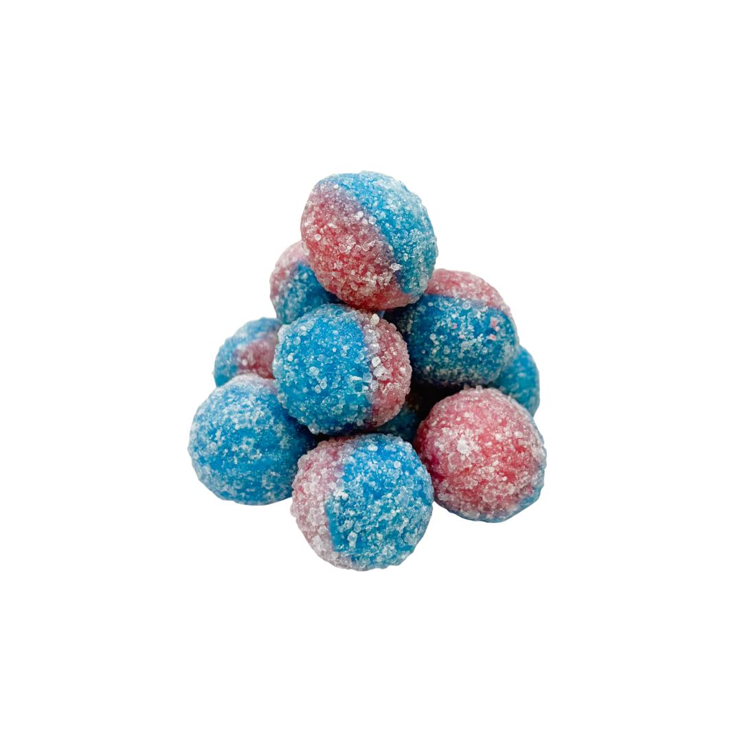Blue and pink ultra sours on a white background
