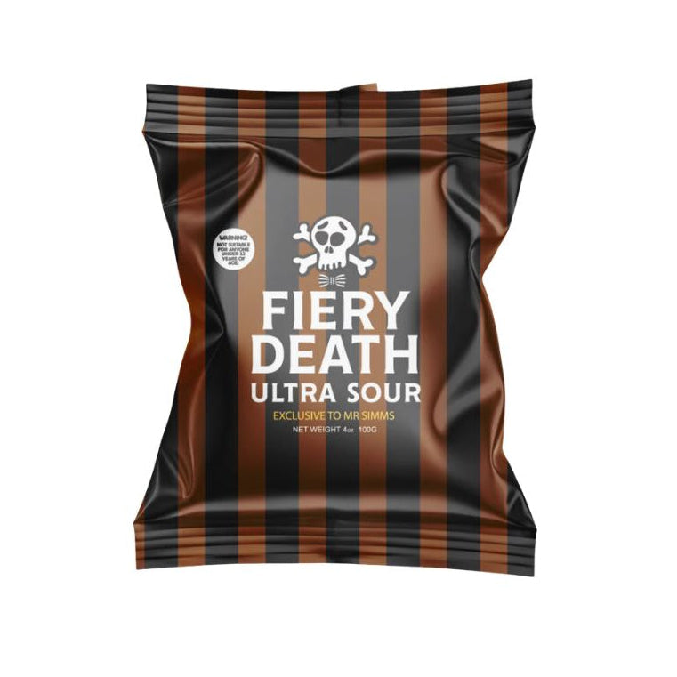 Fiery Death Ultra Sours packaging with skull and crossbones design on a white background
