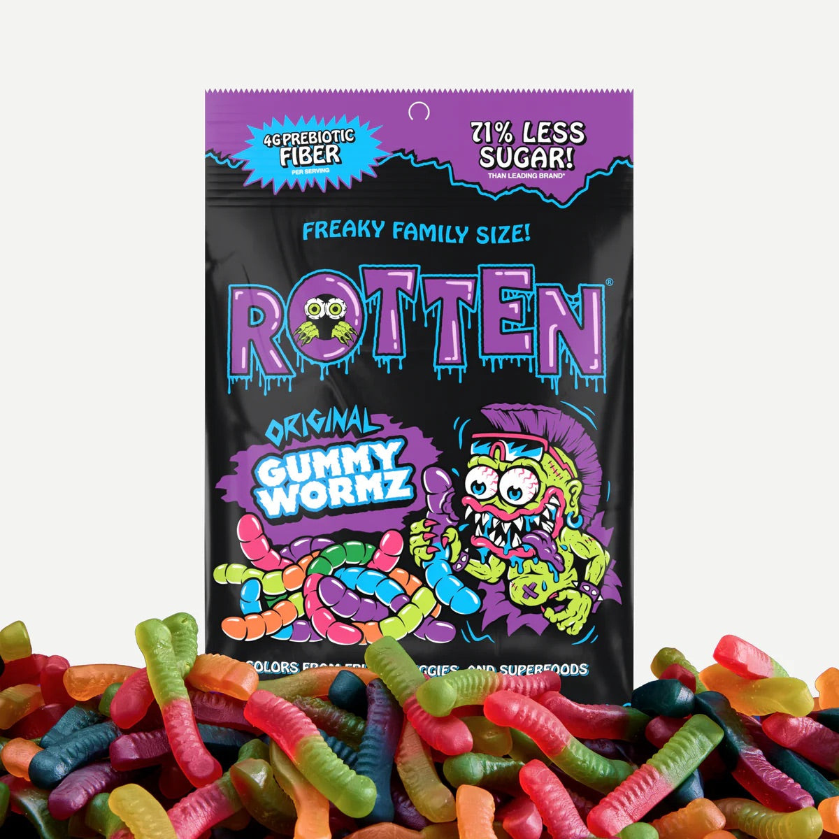 Packaging of Rotten Original Gummy Worms with colorful gummy worms in front