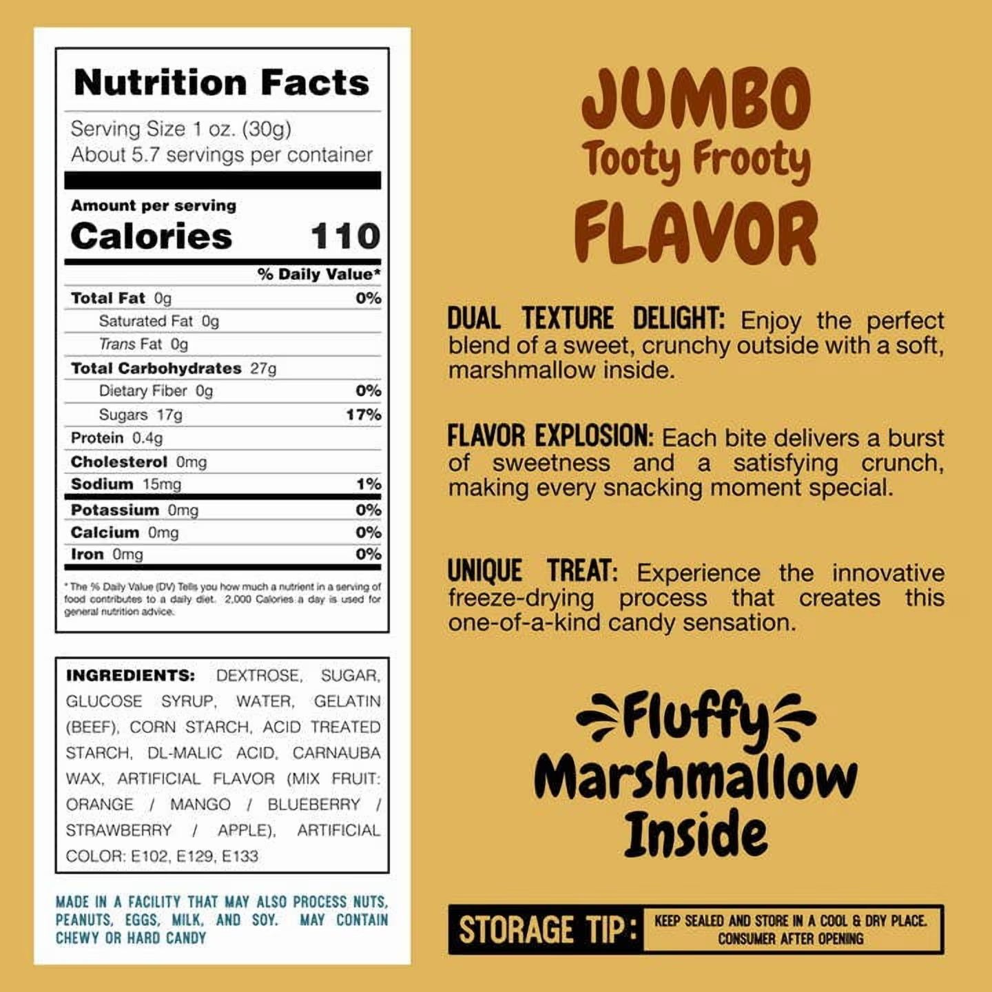 A product information card for 'Jumbo Tooty Frosted Flavor' marshmallow candy. The card features a white Nutrition Facts panel on the left, product description text on the right, and the 'Fluffy Marshmallow Inside' logo at the bottom.