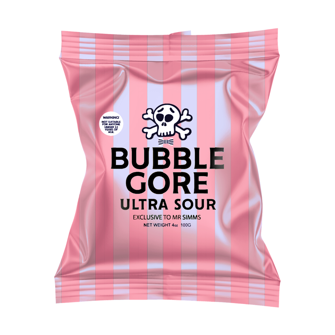 Pink and white striped packaging of Bubble Gore Ultra Sour with a skull and crossbones logo on a white background.