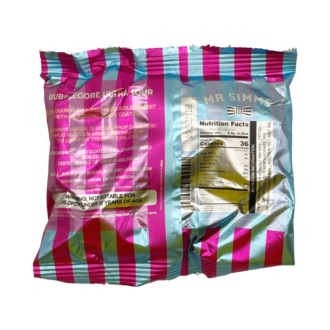 A crinkled foil bag of Mr Simms Bubble Gore Ultra Sour candy, showing the back of the packaging with pink and teal diagonal stripes, white text, and a nutrition facts label on a white background.