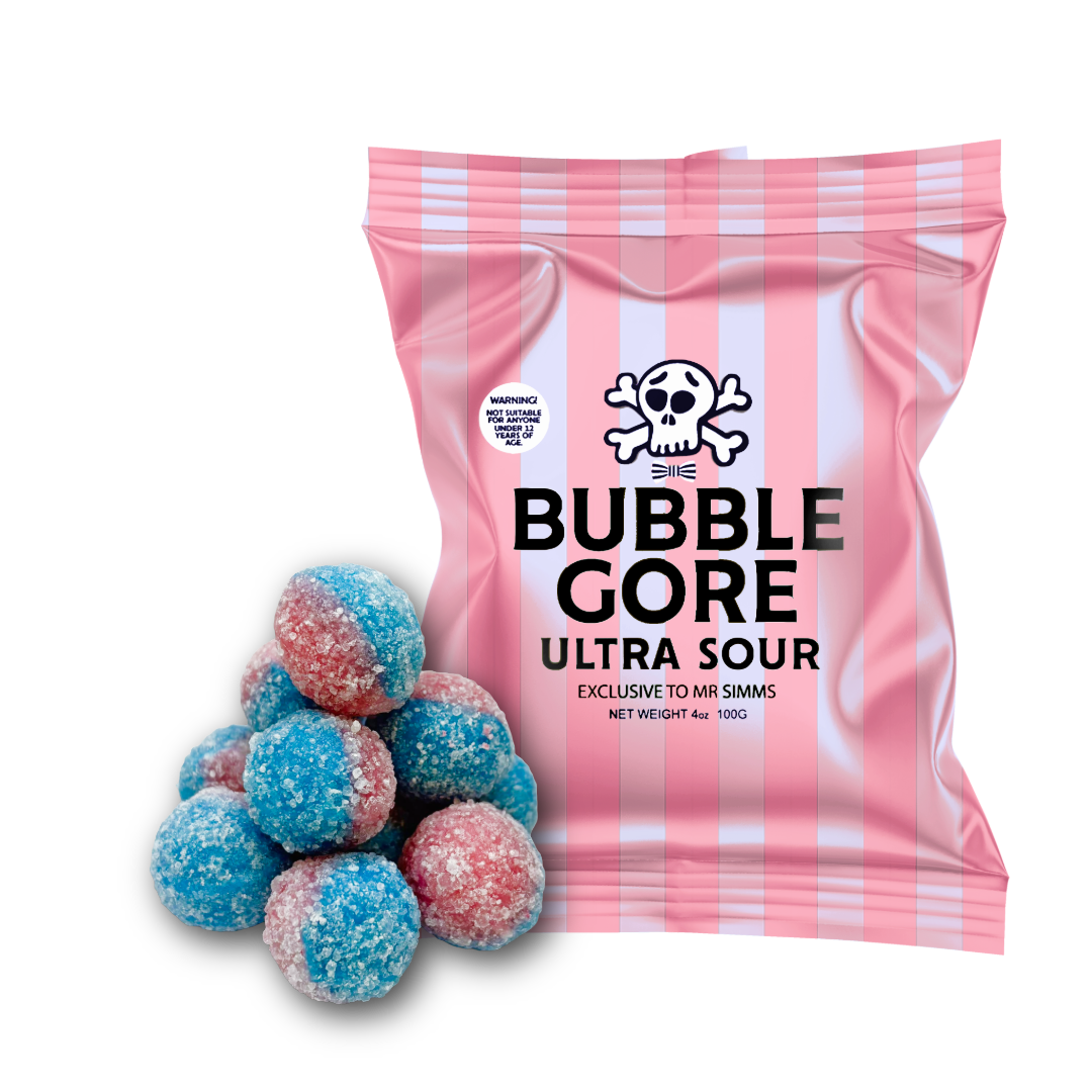 A pink and white striped bag of Bubble Gore Ultra Sour candies with a pile of blue and red sugar-coated candies in front, on a solid white background.