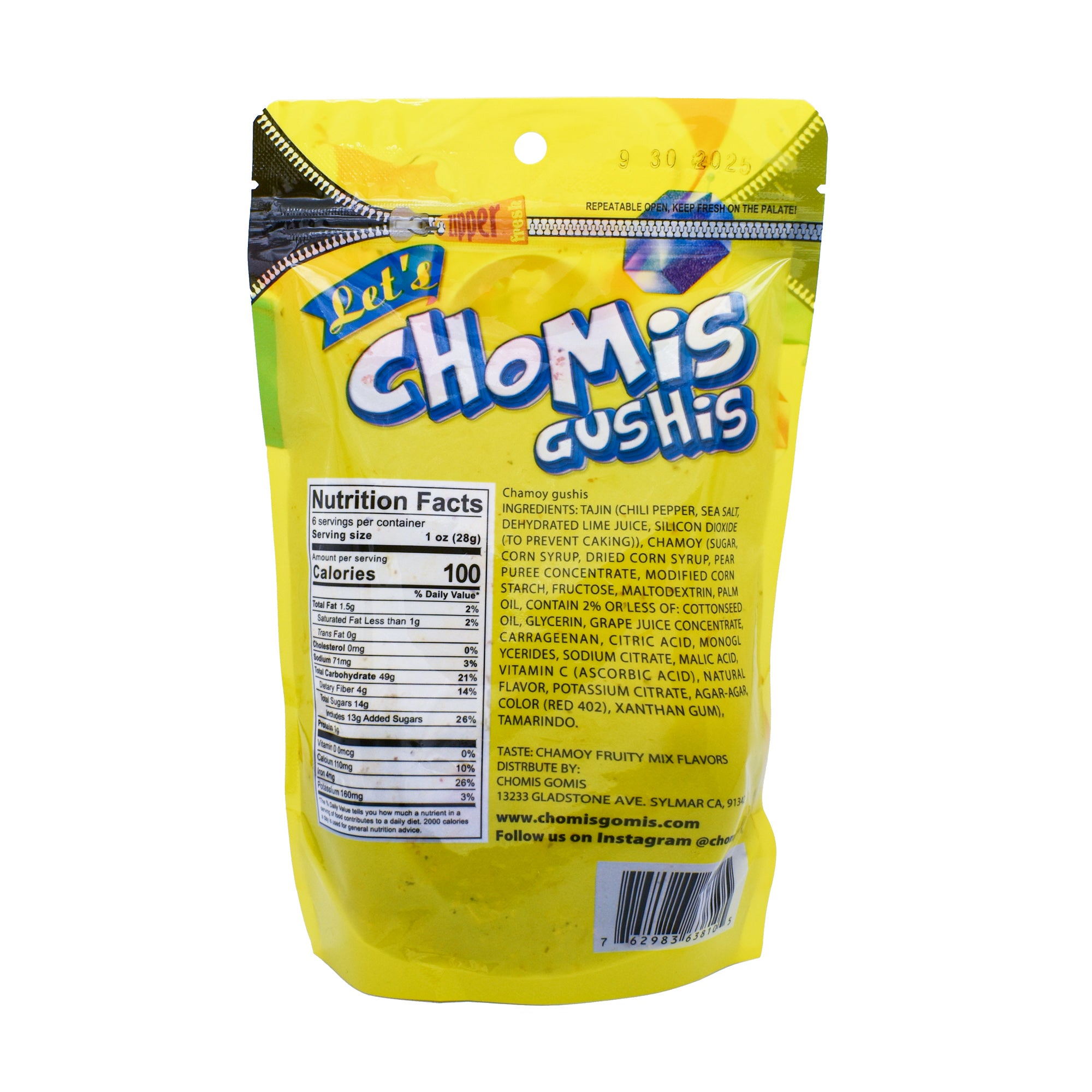 Yellow package of Chomis Gushis with nutritional information on a white background