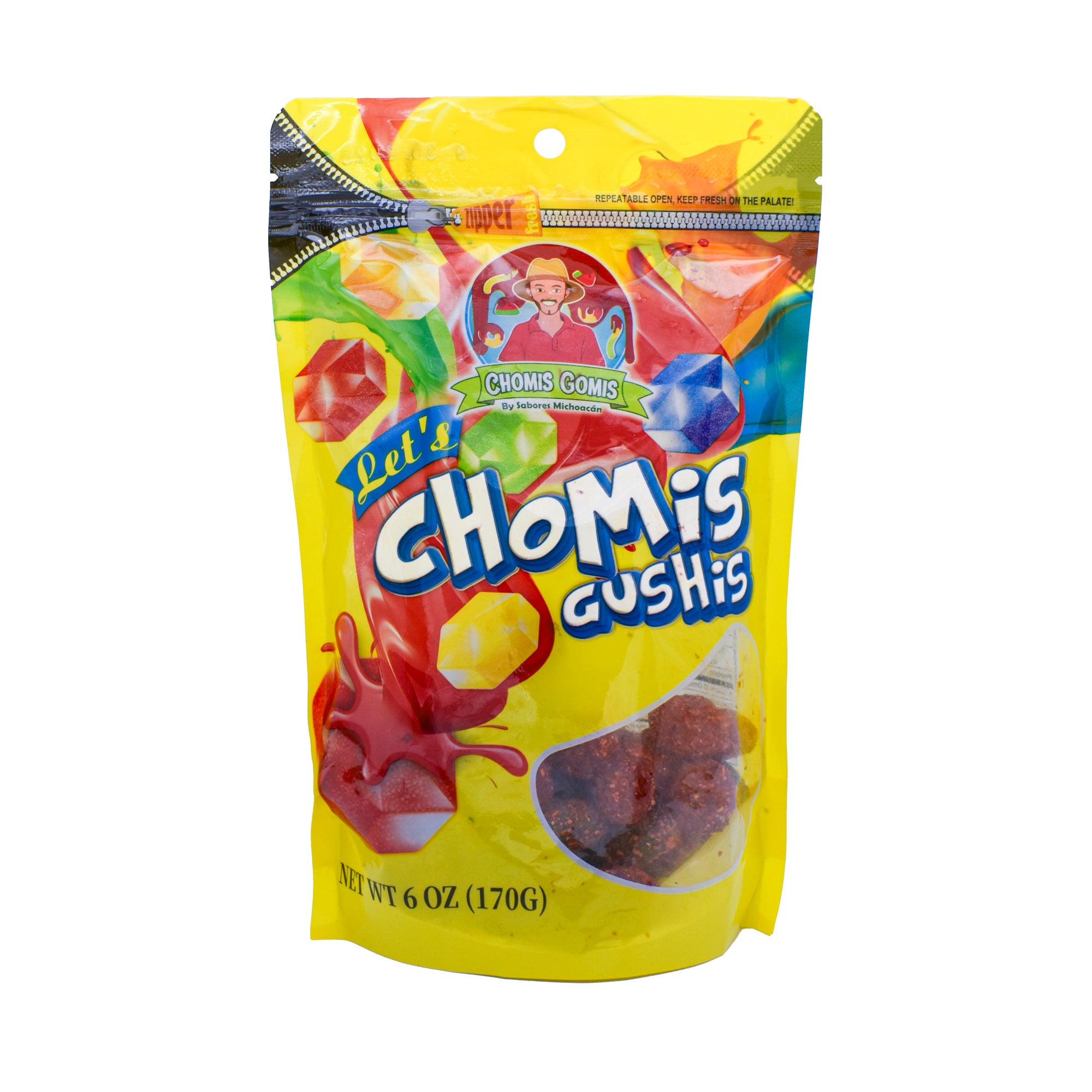 Yellow package of Chomis Gushies gummy candies on a white background