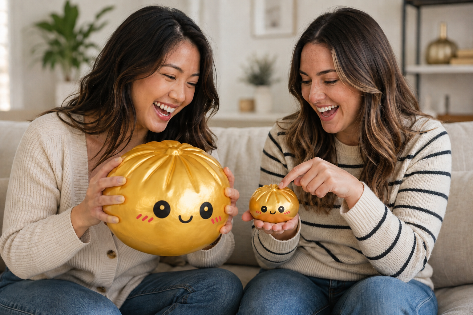 Two women sitting on a couch in a living room, smiling and laughing while holding cute, round, golden squishy dumpling with cartoon faces. One is larger and held in both hands, and the other is smaller and held in one hand.