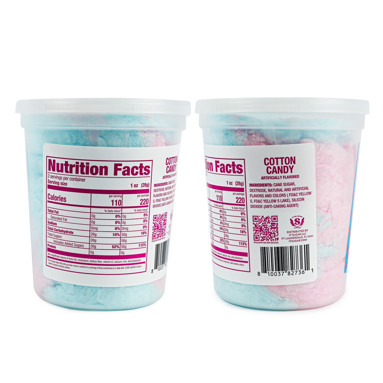 Two back views of a pink and blue cotton candy container showing nutrition facts, ingredients, and barcode labels.