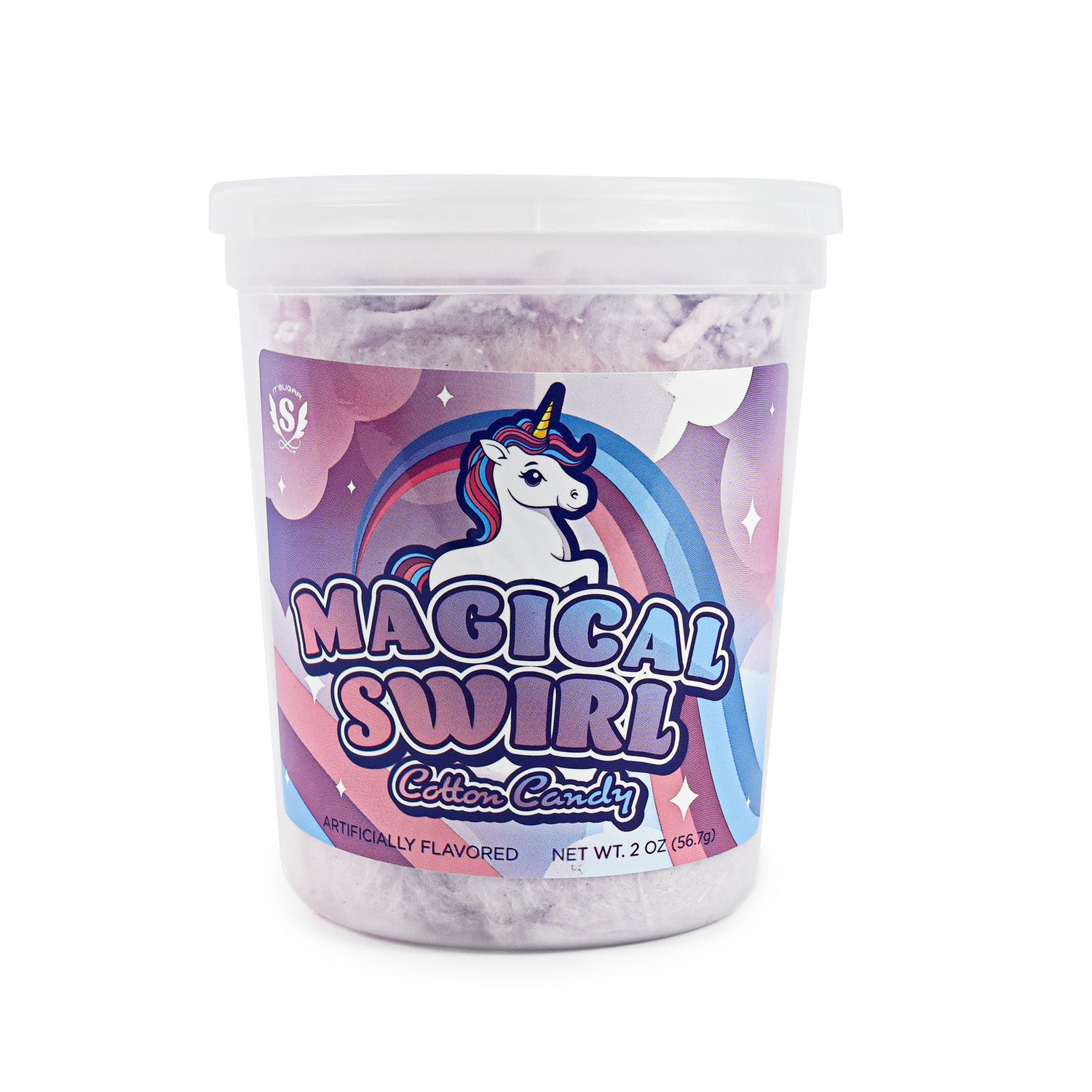 A clear plastic tub of cotton candy labeled “Magical Swirl Cotton Candy,” featuring a unicorn and rainbow design on a pastel-colored label.