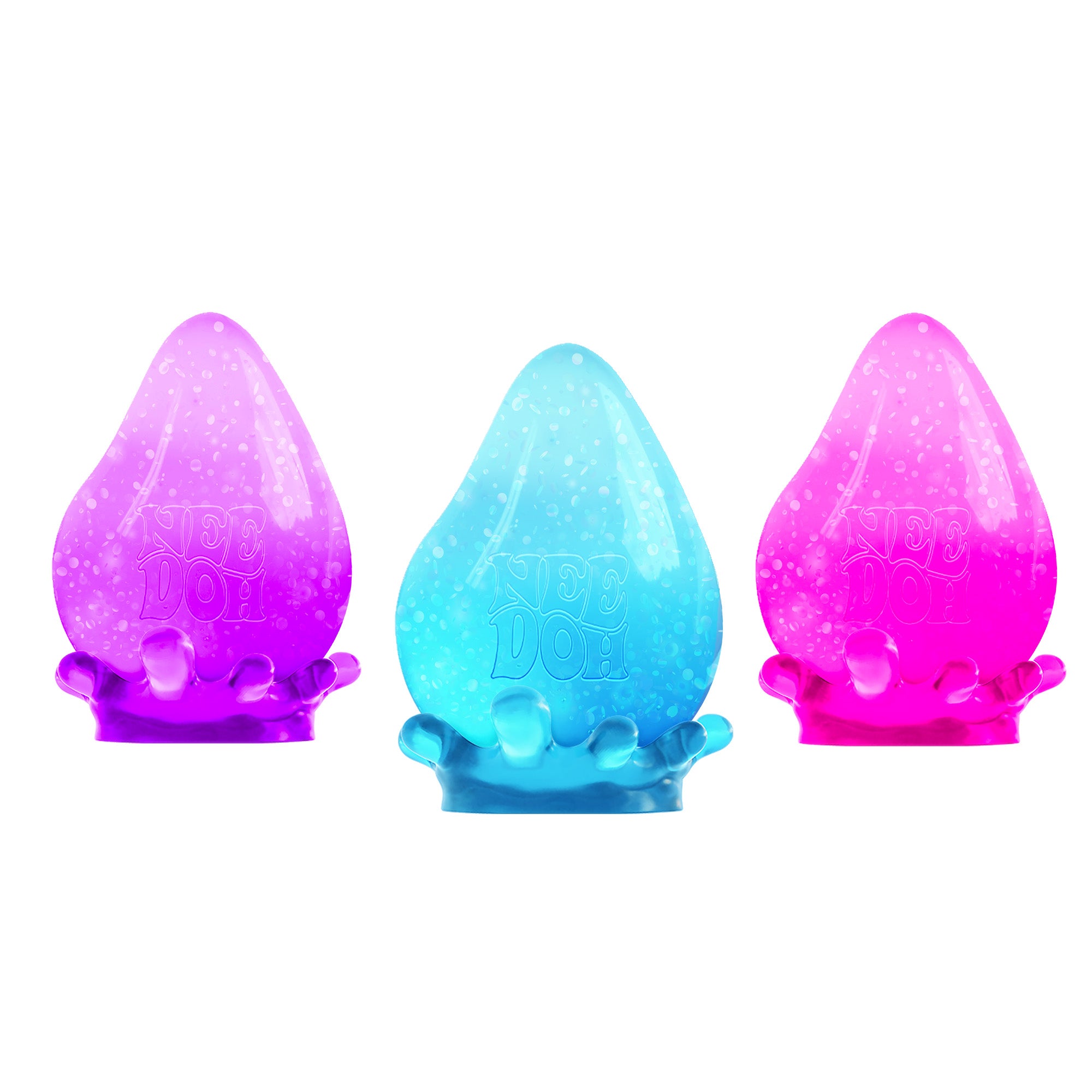 Three needoh teardrop-shaped translucent slime-like toys arranged side by side on a plain white background. The left and right pieces are pink with purple gradient and glitter, while the center piece is blue with cyan gradient and glitter.