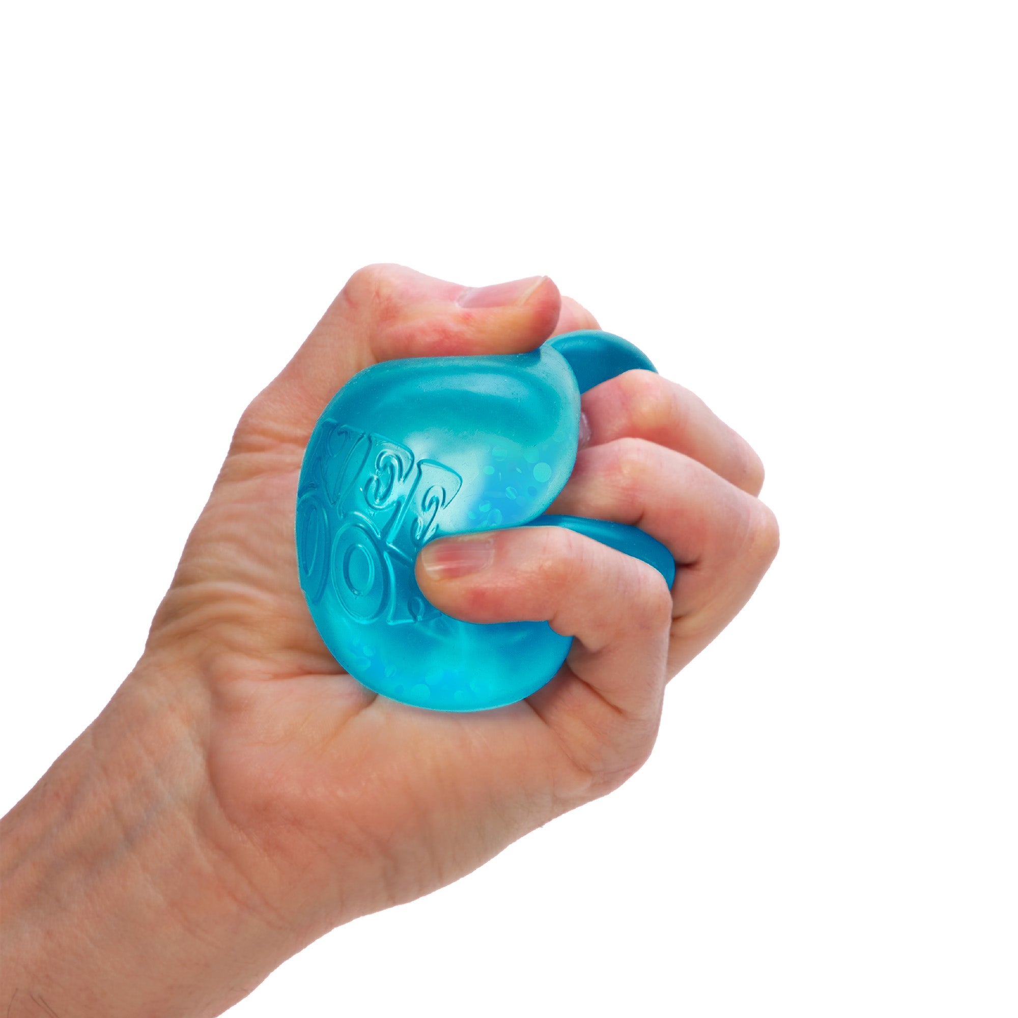Hand holding a blue needoh tear drop squish toy against a white background